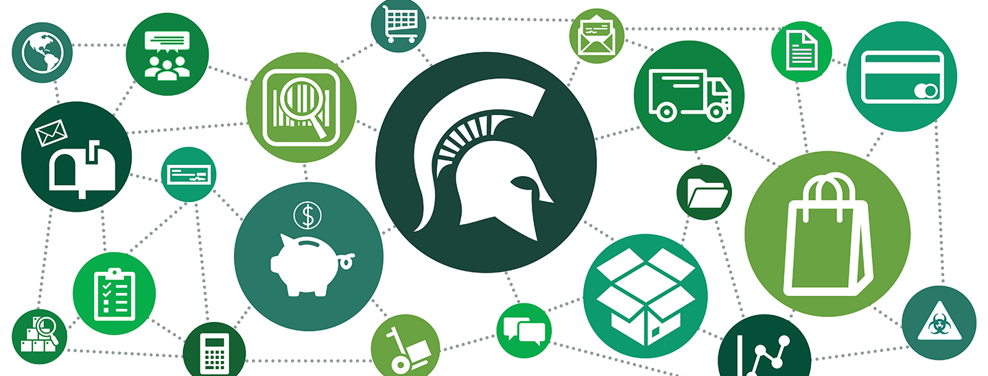 A collection of graphics with icons representing different departments of UPL, including the MSU spartan helmet logo, a mailbox, shipping boxes, shopping bags, and file folders. Each graphic has a circular background and is connected to one another by dotted lines. 