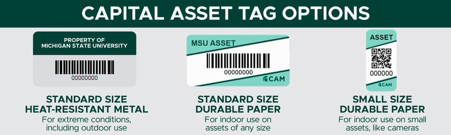 An infographic with graphics of three different barcode tags. The first asset tag on the left has the caption "standard size heat-resistant metal. For extreme conditions including outdoor use". The second tag in the middle has the caption "standard durable paper. For indoor use on assets of any size." The third tag on the right has a caption of "Small size durable paper. For indoor use on small assets, like cameras."