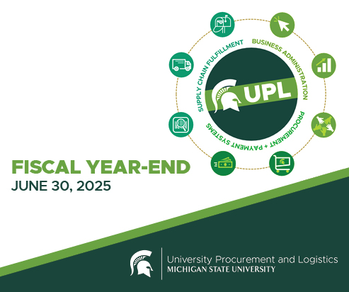 A graphic with various icons detailing the different roles and responsibilities of University Procurement and Logistics. To the left of the graphic is text reading "Fiscal Year-End, June 30, 2025" The UPL signature logo is displayed in the bottom right corner.