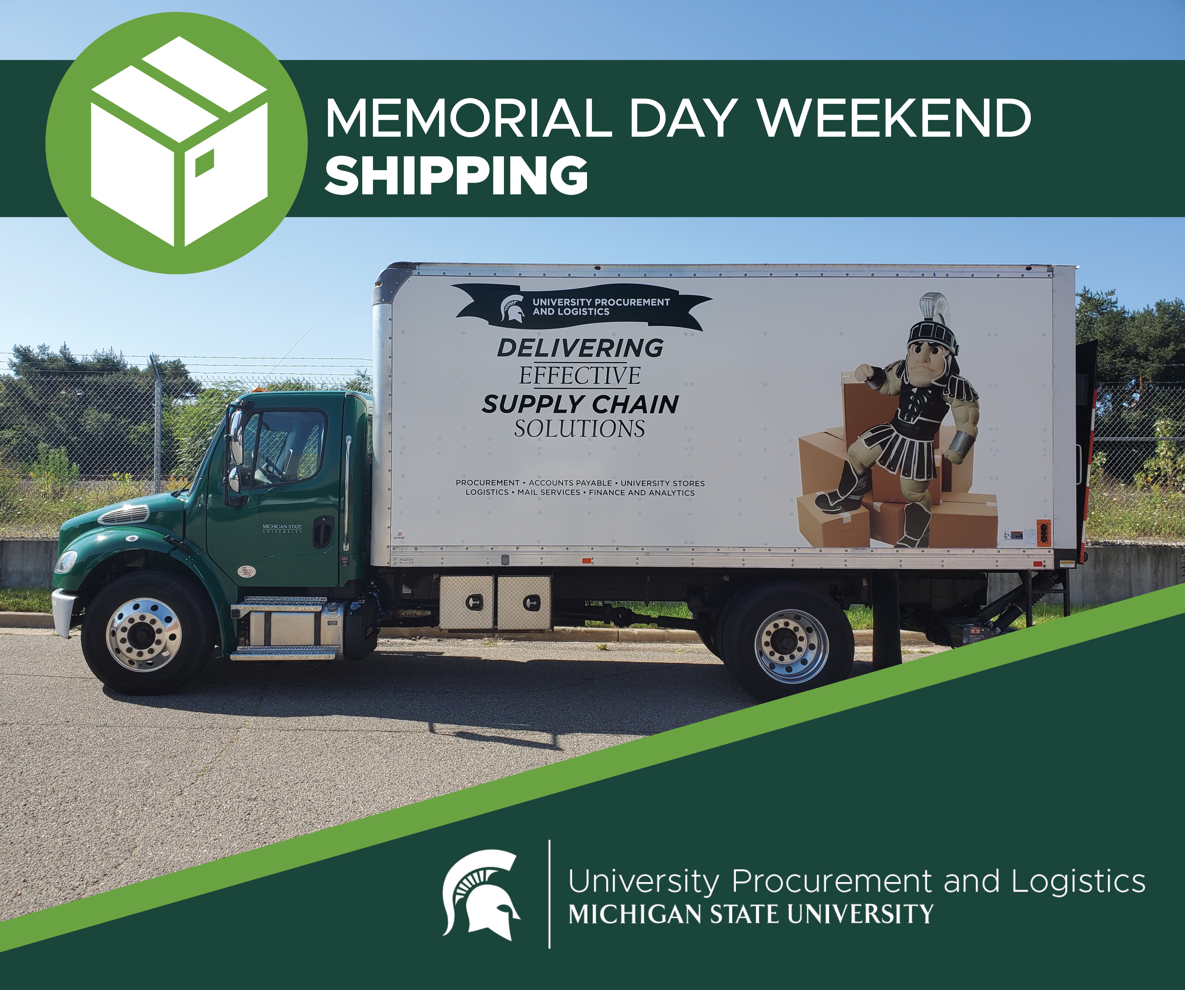 A graphic headline that reads "Memorial Day Weekend Shipping" beside an icon of a shipping box. Below is a photo of a UPL delivery truck and the UPL signature logo.