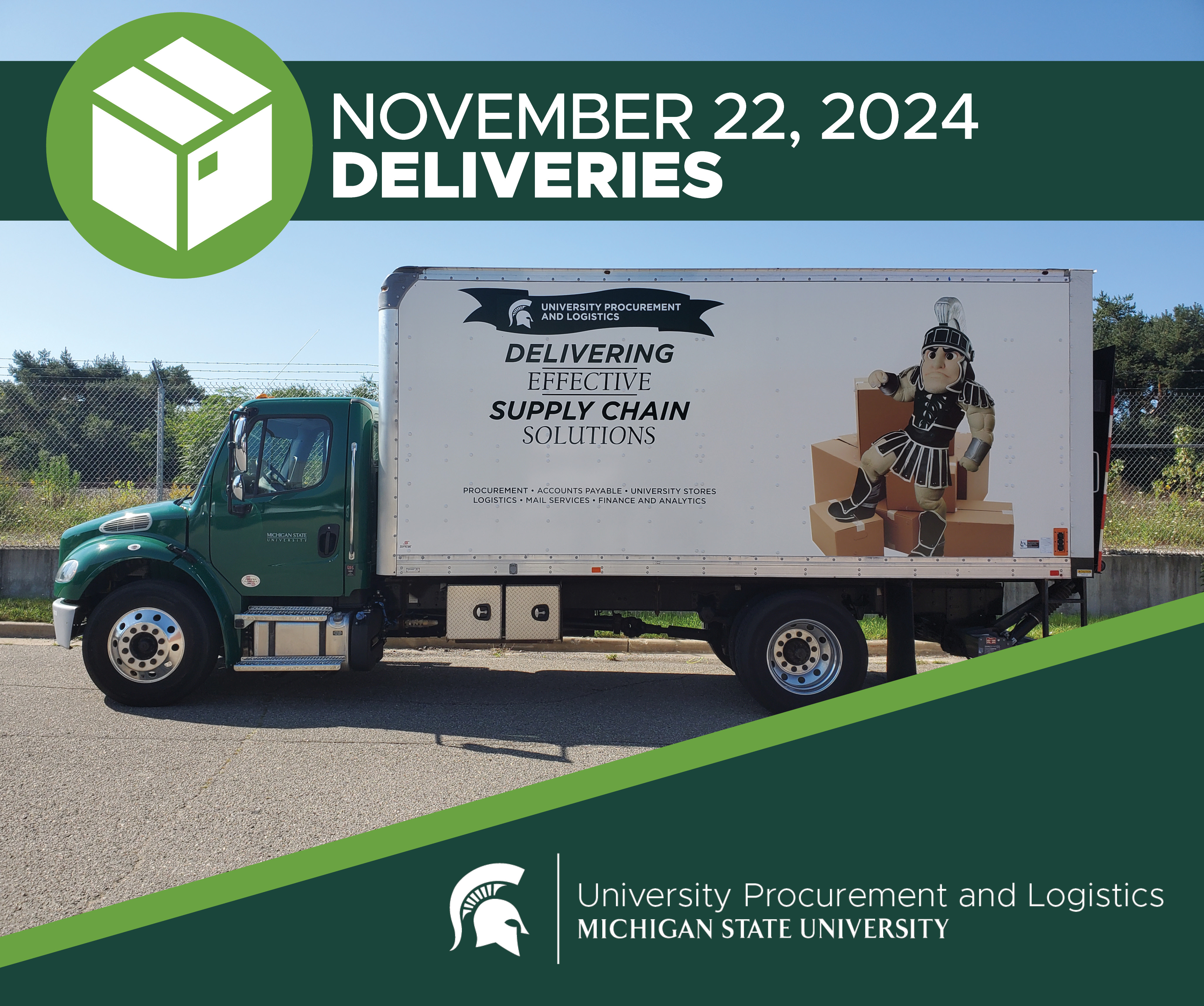A university procurement and logistics delivery truck with heading text reading "November 22, 2024 Deliveries" above the truck. The UPL signature logo is displayed over a green background in the bottom right corner. 