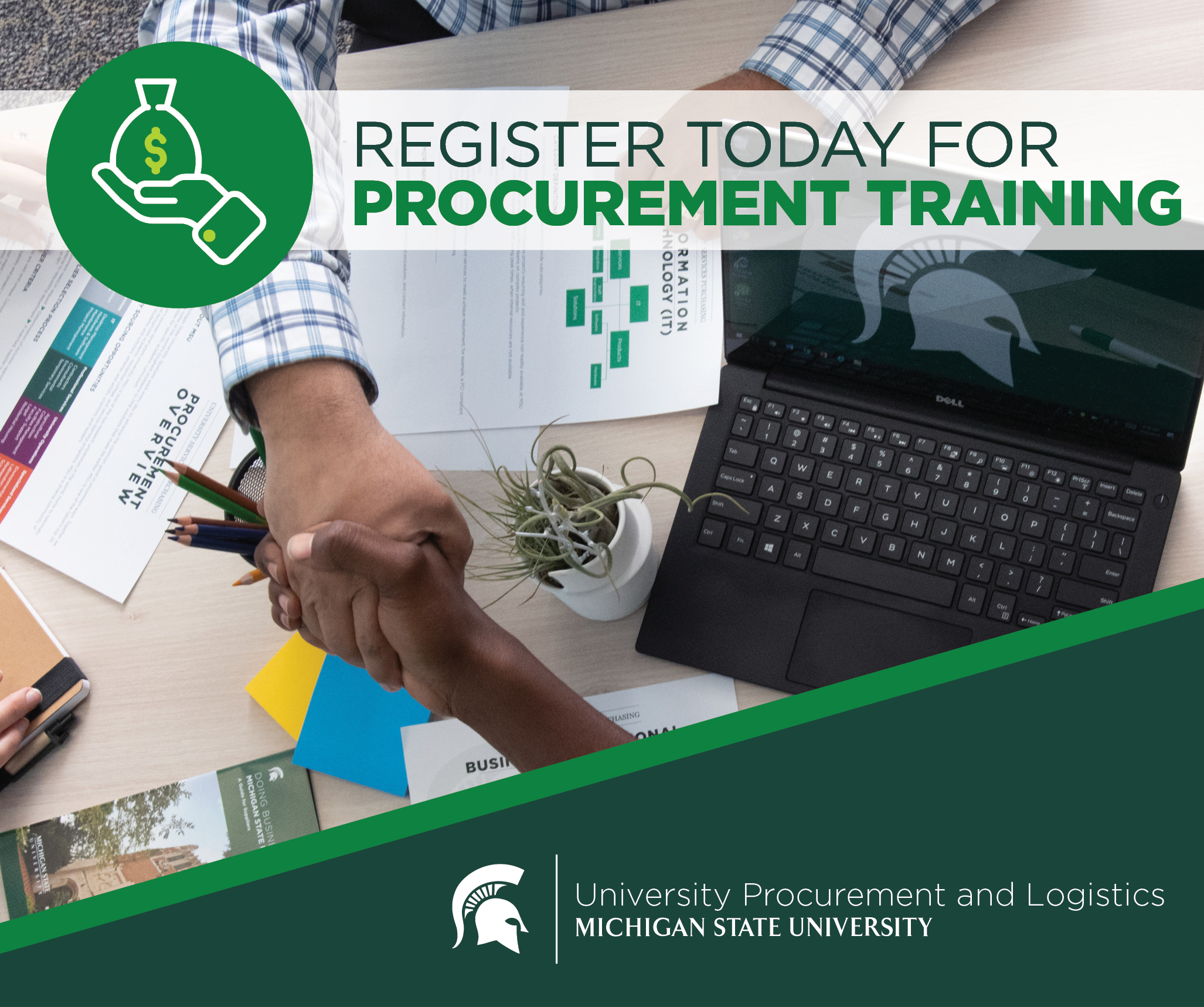 Bold green text on a semi-transparent white block reads "register today for Procurement training" across two lines. The block spans the top of a photo of a handshake next to a laptop displaying the Spartan helmet. In the bottom right is a diagonal green box featuring the white University Procurement and Logistics logo.