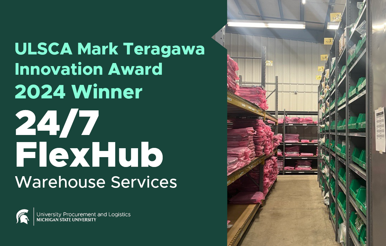 A graphic reading "ULSCA Mark Teragawa Innovation Award 2024 Winner, 24/7 FlexHub, Warehouse services." To the right is a photo of the 24/7 FlexHub.