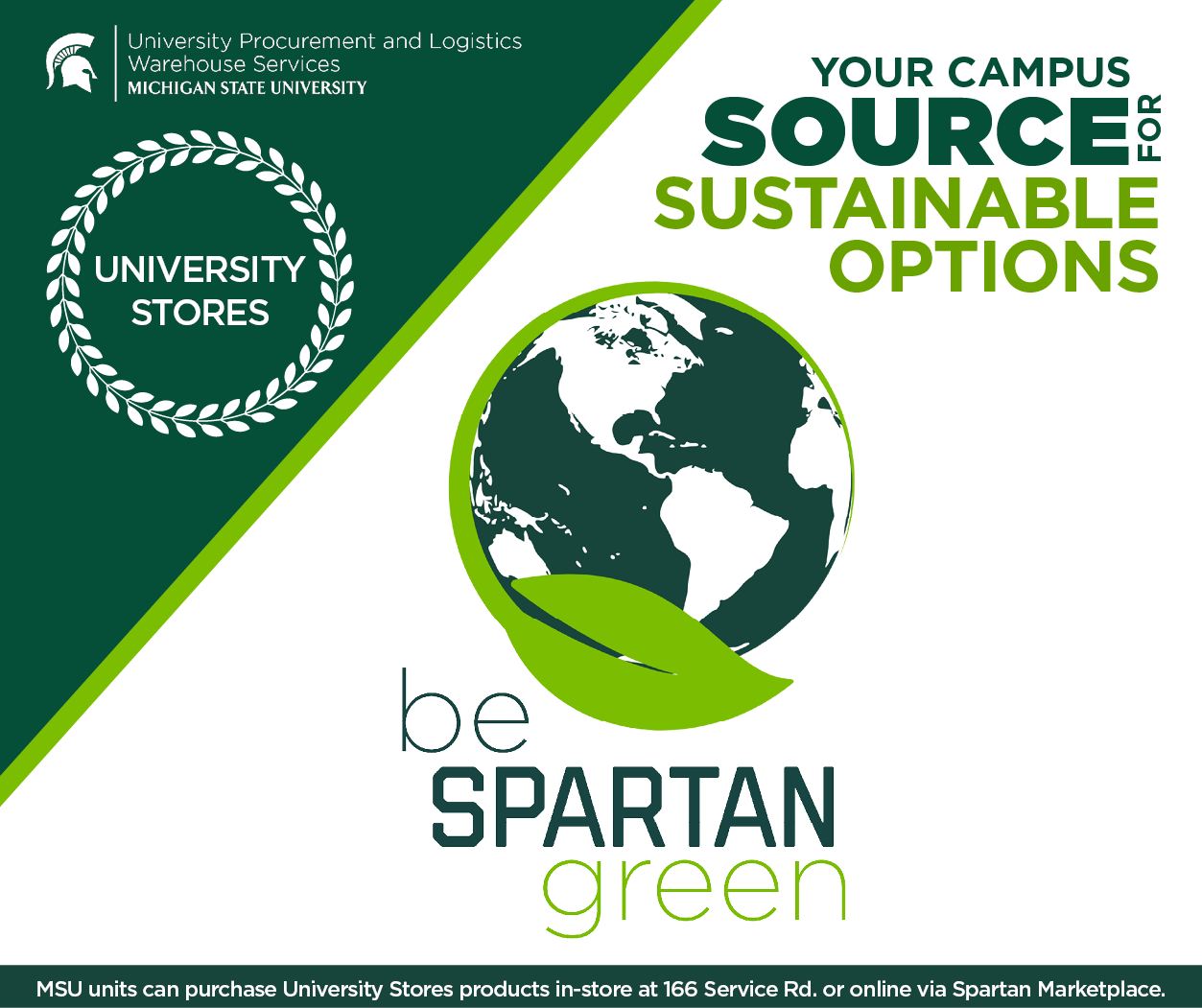 The Be Spartan Green icon with accompanying text reading "Your campus sources for sustainable options."