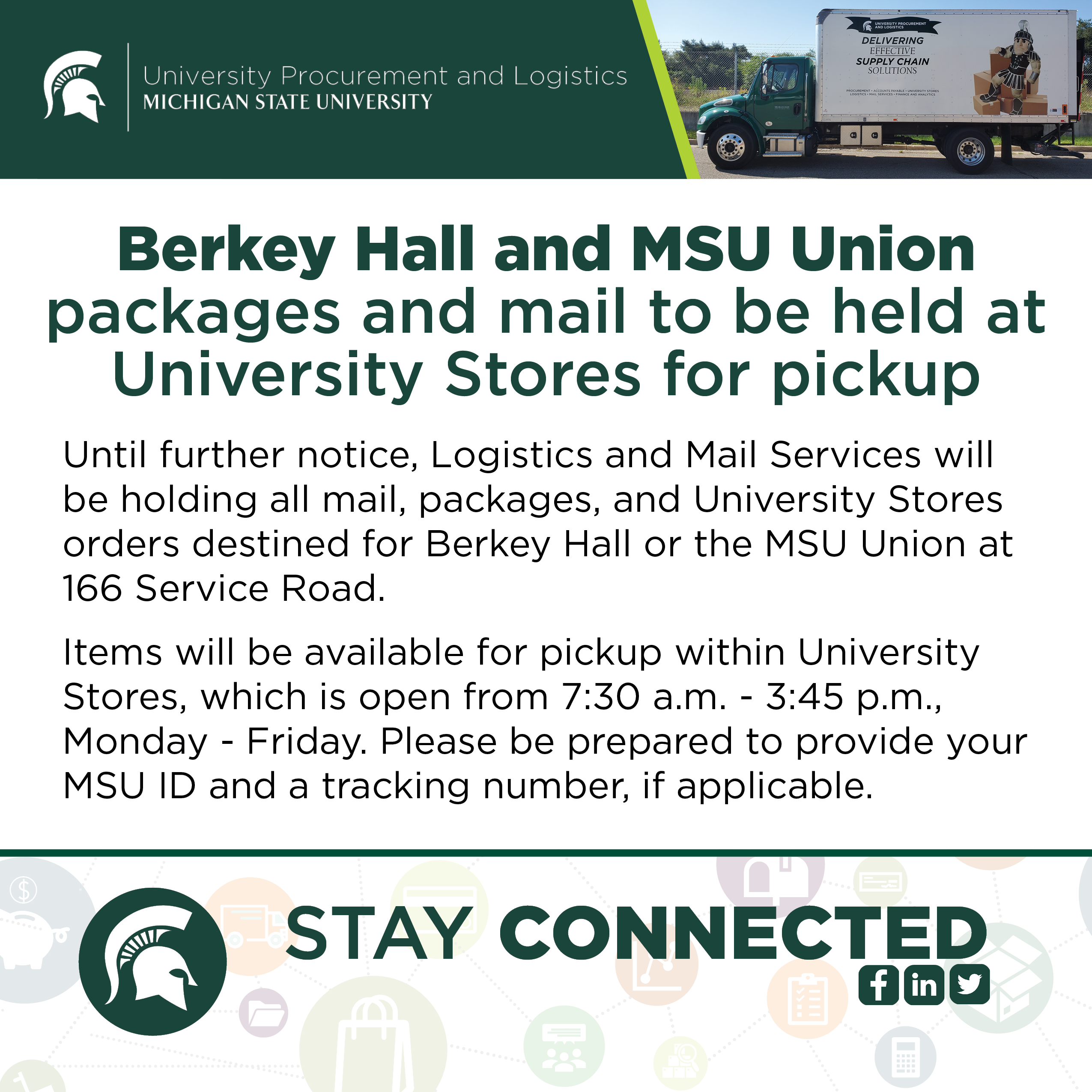 A heading banner of the UPL signature logo with a UPL delivery truck. Underneath the heading image is the restatement of the headline and article text for Berkey Hall and MSU Union packages being held for pickup. 