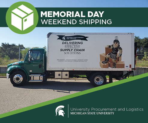 A graphic headline that reads "Memorial Day Weekend Shipping" beside an icon of a shipping box. Below is a photo of a UPL delivery truck and the UPL signature logo.