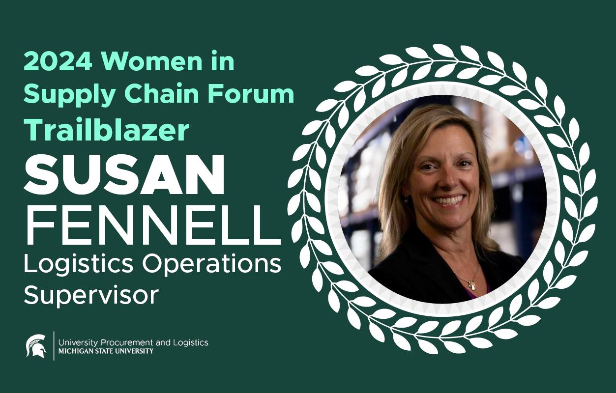 A graphic reading "2024 Women in Supply Chain Forum Trailblazer: Susan Fennell, Logistics Operations Manager" beside a circular photo of Fennell surrounded by a wreath. At the bottom is the UPL signature logo.
