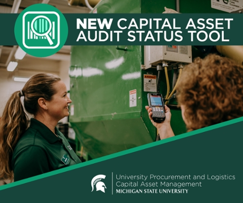 Image of two people auditing equipment. A green banner on top of the image with white text reads "New capital asset audit status tool." The UPL Capital Asset Management signature logo is displayed in the bottom right corner. 