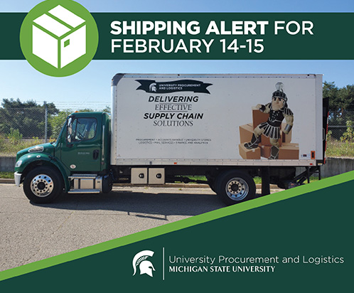 An image of a UPL delivery truck with title text above in a green banner that says "Shipping alert for February 14-15" The UPL signature logo is displayed in the bottom right corner of the image. 