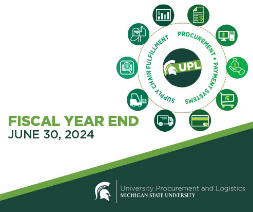 A graphic with various icons detailing the different roles and responsibilities of University Procurement and Logistics. To the left of the graphic is text reading "Fiscal Year-End, June 30, 2024" The UPL signature logo is displayed in the bottom right corner. 