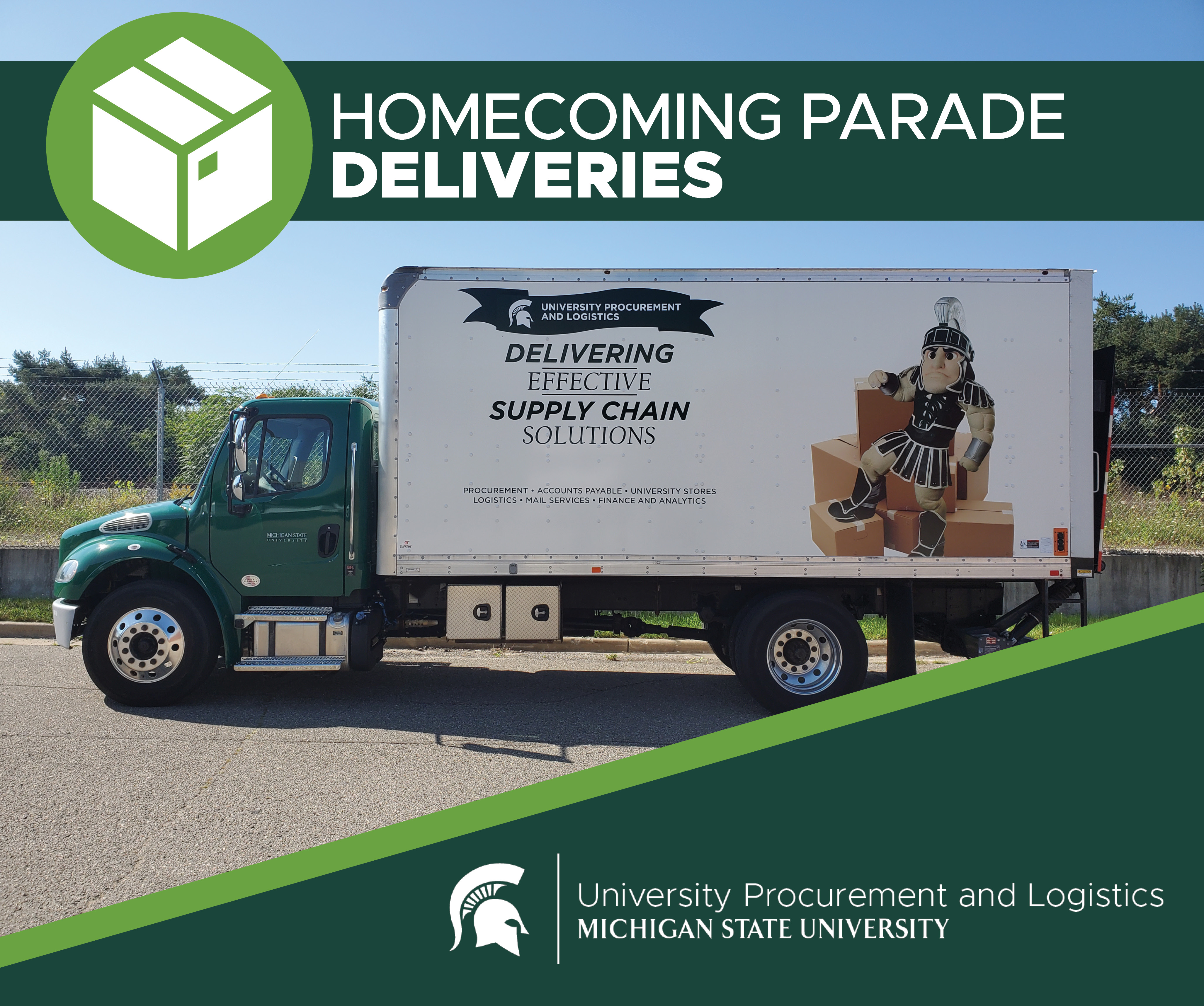 A university procurement and logistics delivery truck with heading text reading "Homecoming Parade Deliveries" above the truck. The UPL signature logo is displayed over a green background in the bottom right corner. 