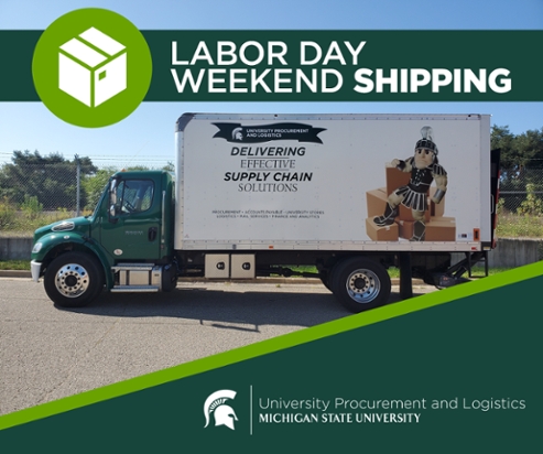 An image of a UPL delivery truck with title text above in a green banner that says "Labor Day weekend shipping." The UPL signature logo is displayed in the bottom right corner of the image. 