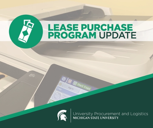 A heading banner in front of a background image of a printer that reads "Lease Purchase Program Update." The UPL signature logo is additionally displayed over a green background in the bottom right corner. 