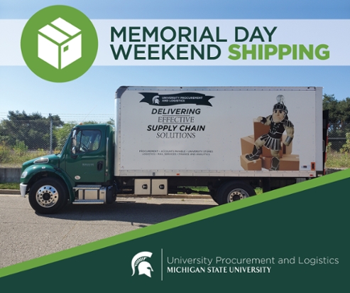 An image of a UPL delivery truck with title text above in a translucent banner that says "Memorial Day weekend shipping." The UPL signature logo is displayed in the bottom right corner of the image. 