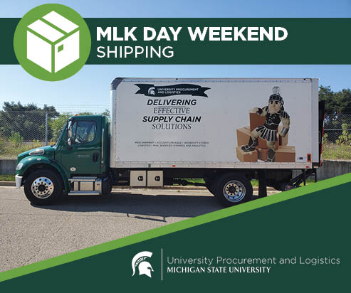 An image of a UPL delivery truck with title text above in a green banner that says "MLK Day Weekend Shipping" The UPL signature logo is displayed in the bottom right corner of the image. 