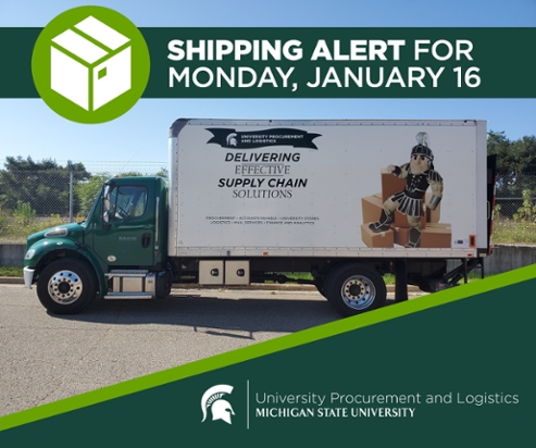 An image of a UPL delivery truck with title text above in a green banner that says "Shipping alert: UPL Closed for Martin Luther King Day." The UPL signature logo is displayed in the bottom right corner of the image. 