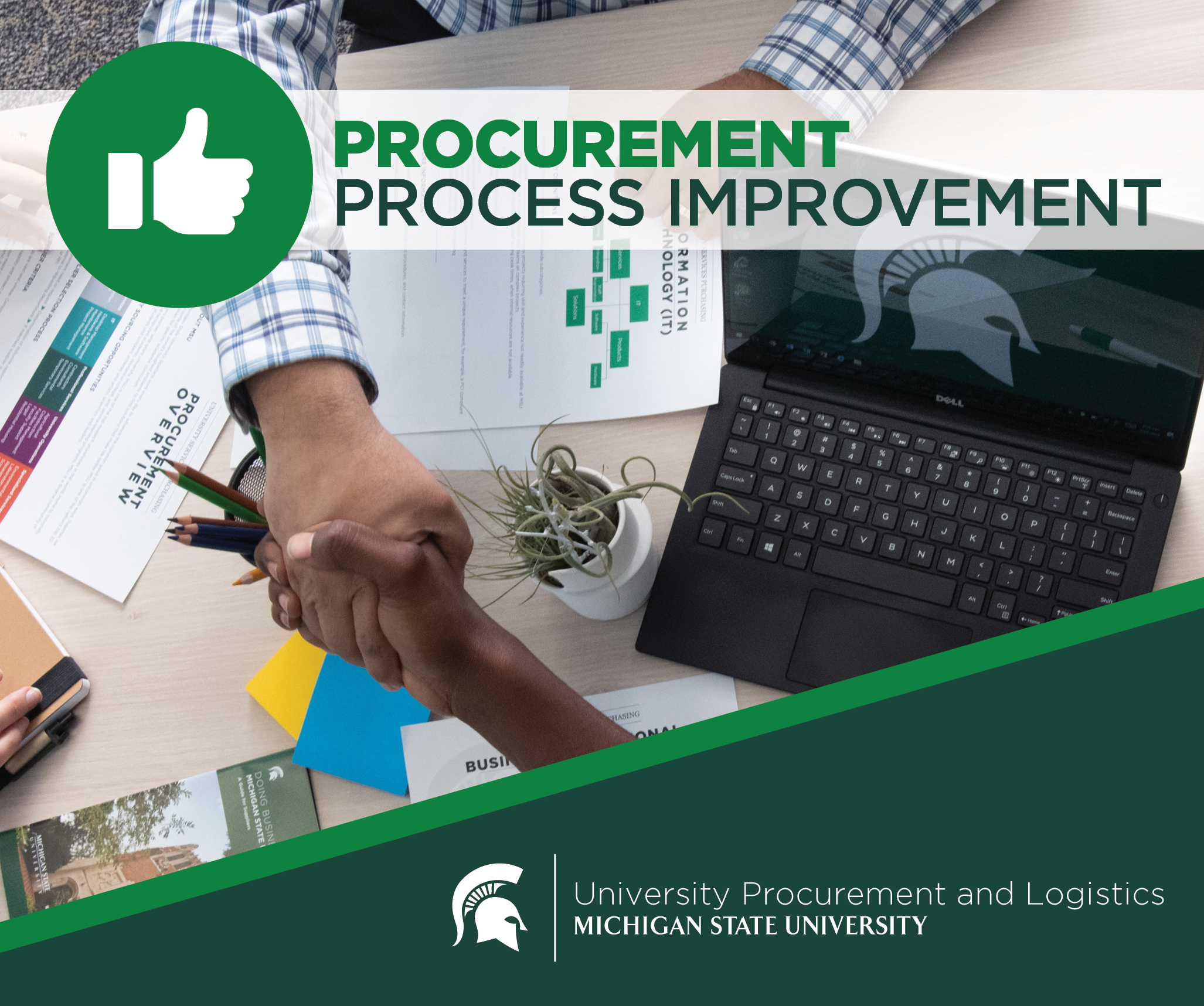 A background image of two hands shaking above a table full of documents and a laptop computer. Above the image is a heading banner that reads "Procurement process improvement." The UPL signature logo is displayed in the bottom right corner over a green background. 