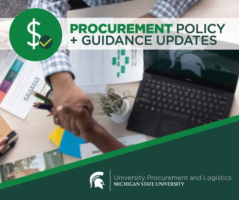 Two hands reach across a conference table to shake. The conference table holds procurement-related paperwork and an open laptop with a Spartan helmet. Text overlaid on the image reads "Procurement policy and guidance updates." the UPL signature logo is in the bottom right corner over diagonal green stripes.