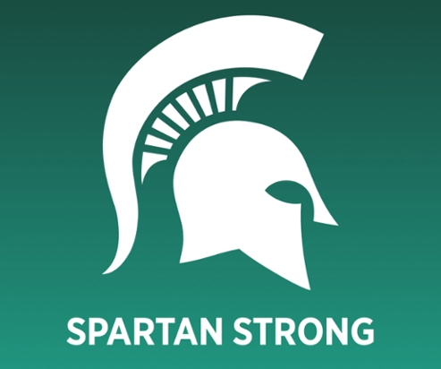 Graphic of a white MSU spartan helmet logo over a green background. Underneath the logo in white text reads "Spartan Strong."