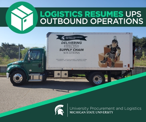 An image of a UPL delivery truck with title text above in a green banner that says "Logistics resumes UPS outbound operations." The UPL signature logo is displayed in the bottom right corner of the image. 