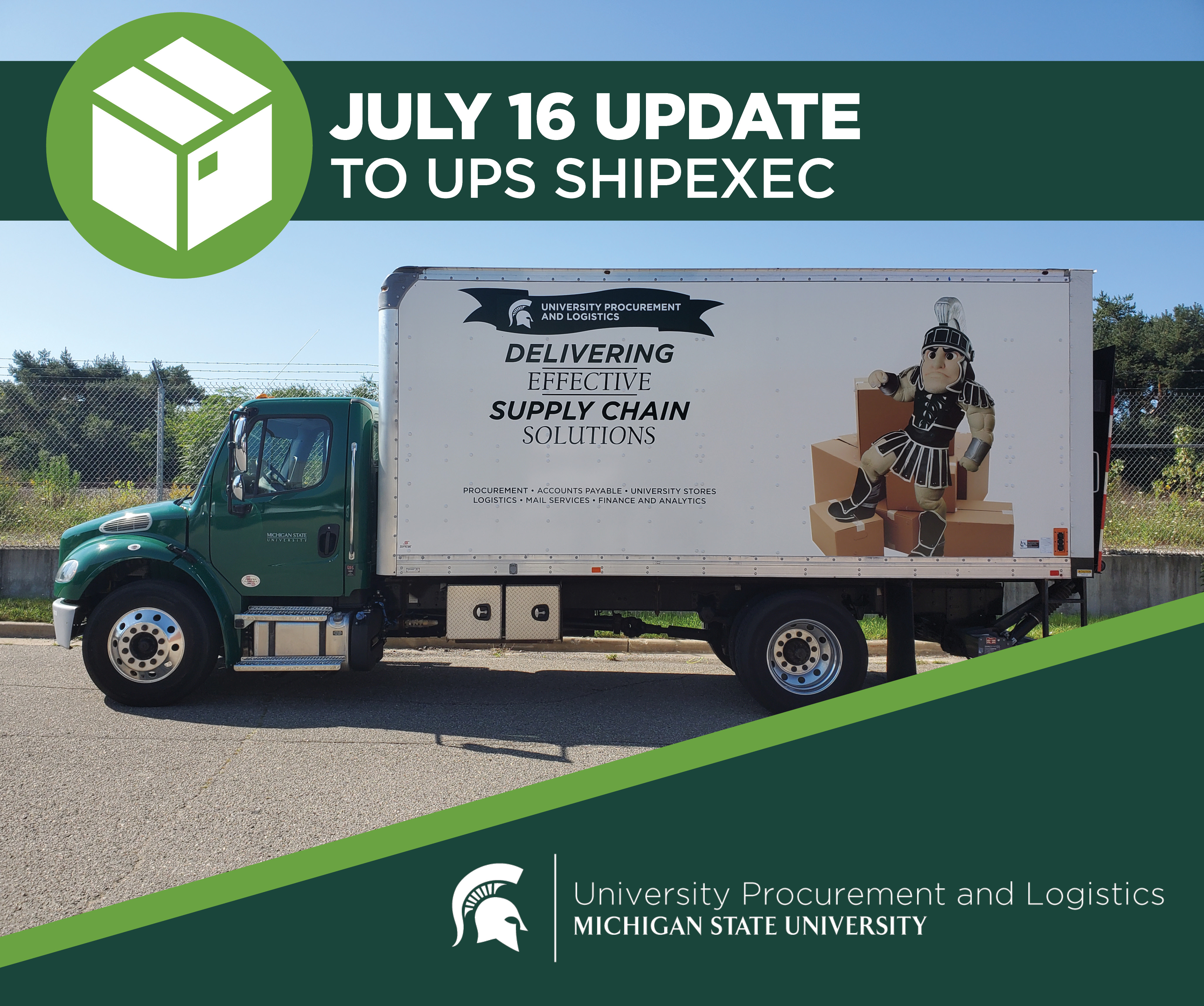 A UPL delivery truck with title text above in a green banner that says "July 16 update to UPS ShipExec." The UPL signature logo is displayed in the bottom right corner of the image. 