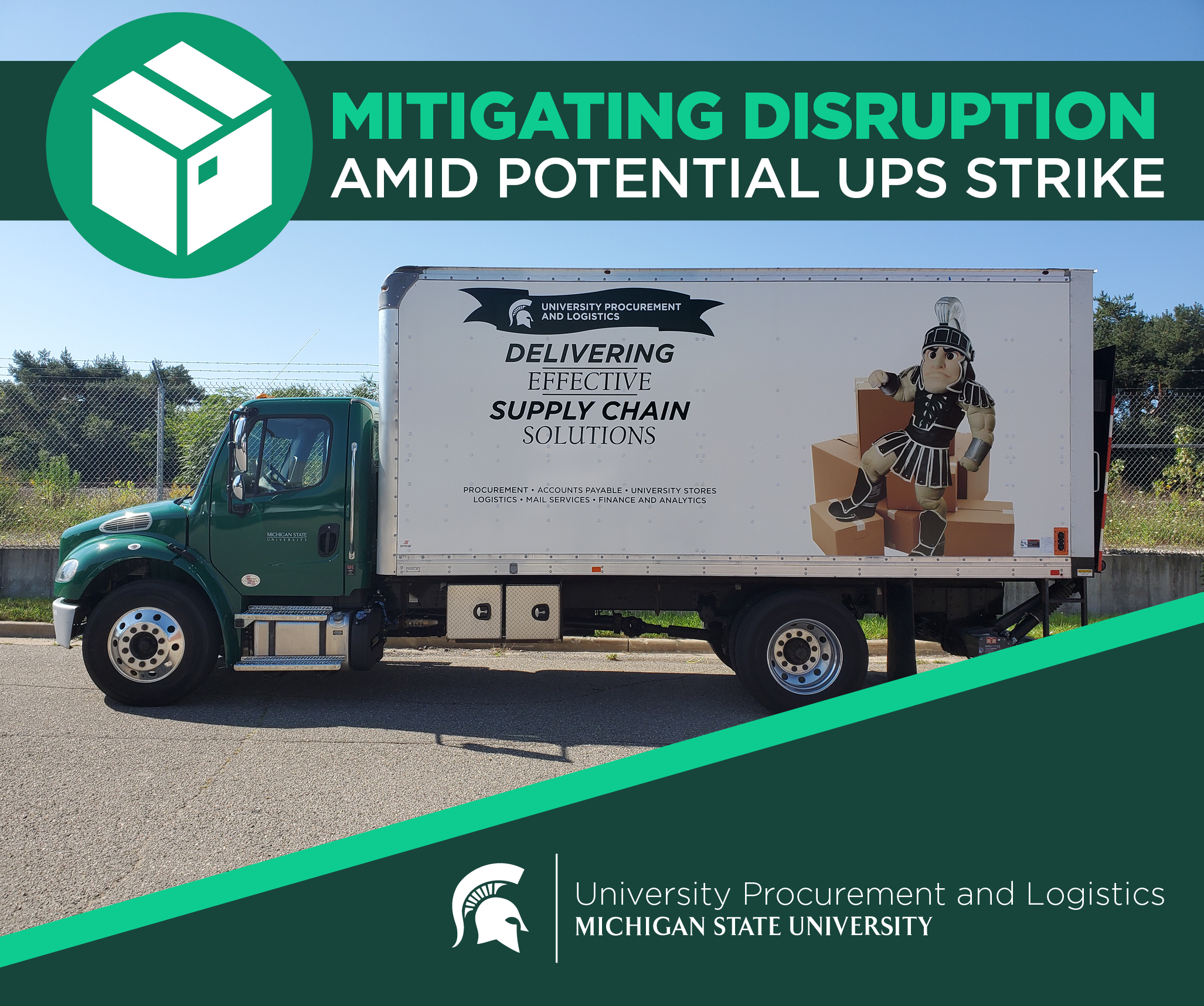 An image of a UPL delivery truck with title text above in a green banner that says "Mitigating disruption amid potential UPS strike." The UPL signature logo is displayed in the bottom right corner of the image. 