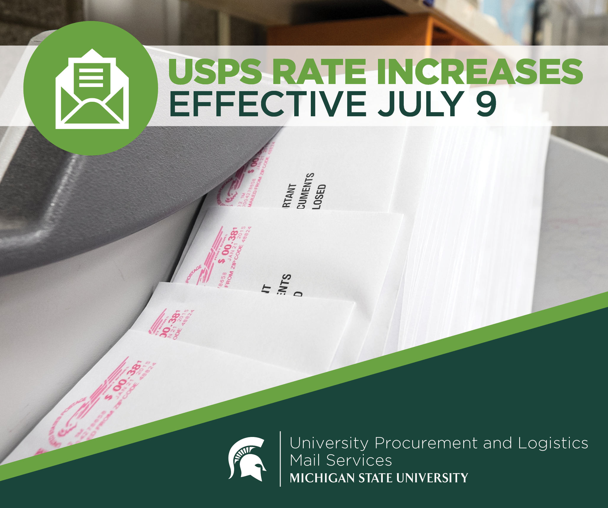 A background image of a mail processor sorting through closed mailing envelopes. In front of the image is a heading that reads "USPS rate increases effective July 9." The UPL Mail Services signature logo is displayed in the bottom right corner over a green background. 