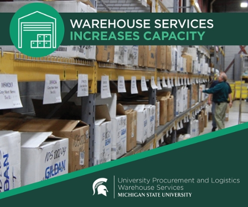 An image of the UPL warehouse with a heading banner that reads "Warehouse services increases capacity." The UPL Warehouse Services signature logo is displayed in the bottom right corner over a green background.