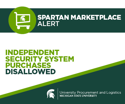 A green and white graphic titled "Spartan Marketplace Alert" with an icon of a white shopping cart. The main text in the center reads "Independent security system purchases disallowed." The UPL signature logo is displayed in the bottom right corner. 