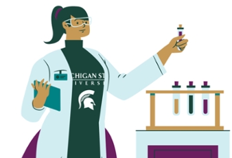 Graphic of a scientist wearing a MSU shirt experimenting with test tubes in a lab. 