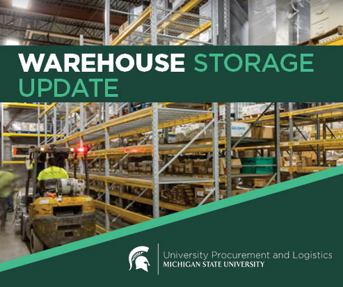 UPL Update: Warehouse Storage Rate Changes. Below the headline is a photo of a University Stores Warehouse aisle, which has yellow racks full of white cardboard boxes. In the bottom right corner is a white triangle with the University Procurement and Logistics Warehouse Services signature logo.